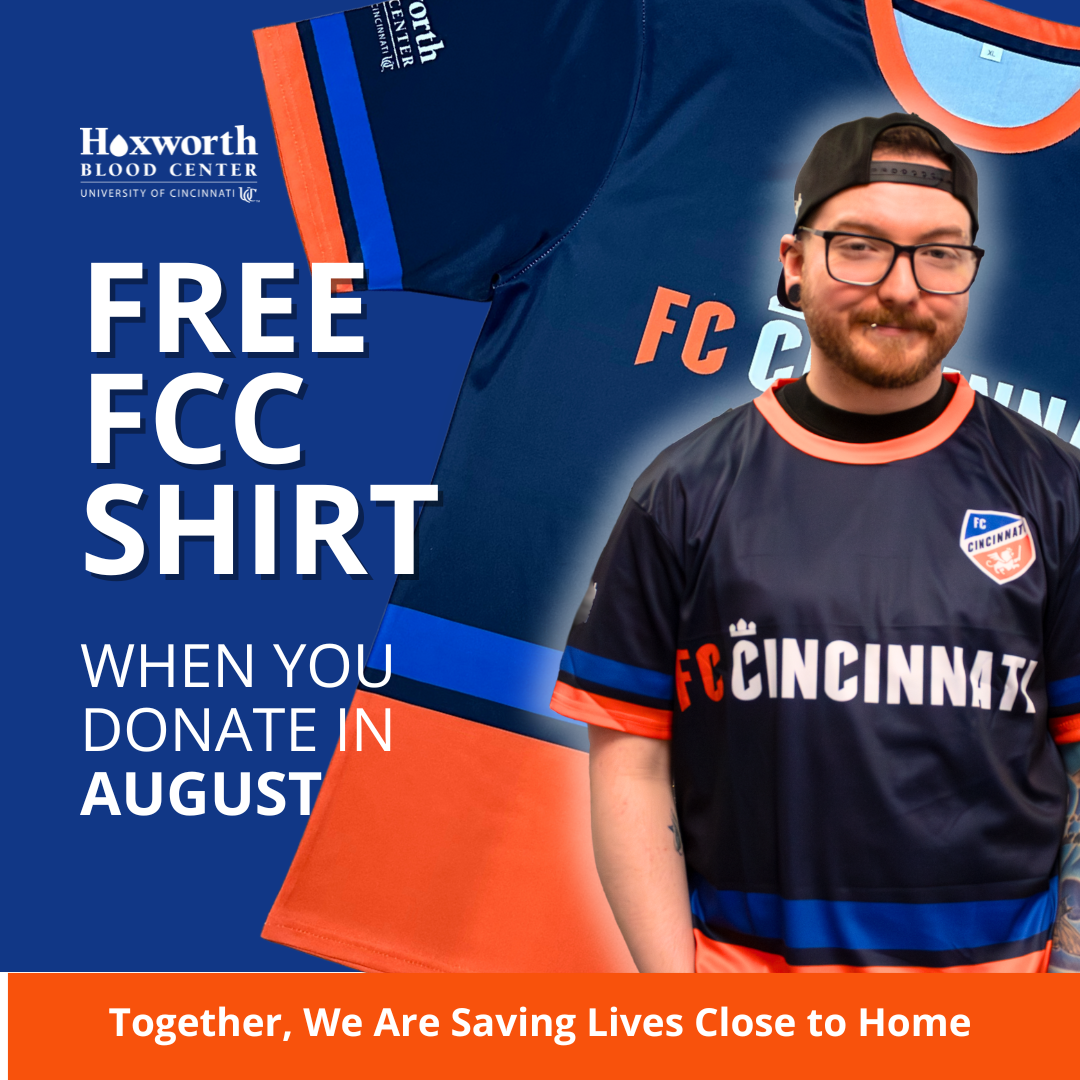 Donate blood or platelets in August with Hoxworth Blood Center and receive an FC Cincinnati jersey as a thank you!