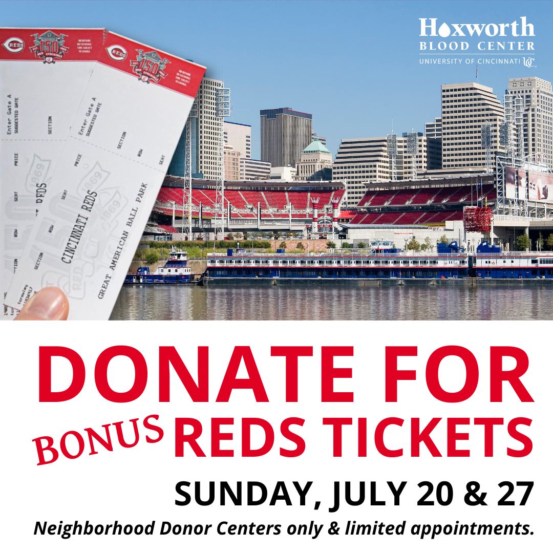 Donate blood or platelets in July with Hoxworth Blood Center and receive a Cincinnati Reds Ringer T-Shirt as a thank you!