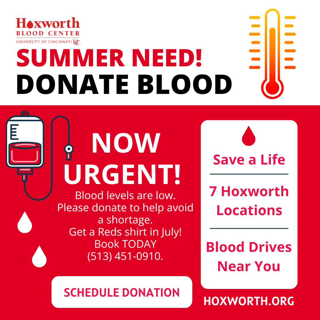 Donate blood or platelets in July with Hoxworth Blood Center and receive a Cincinnati Reds Ringer T-Shirt as a thank you!