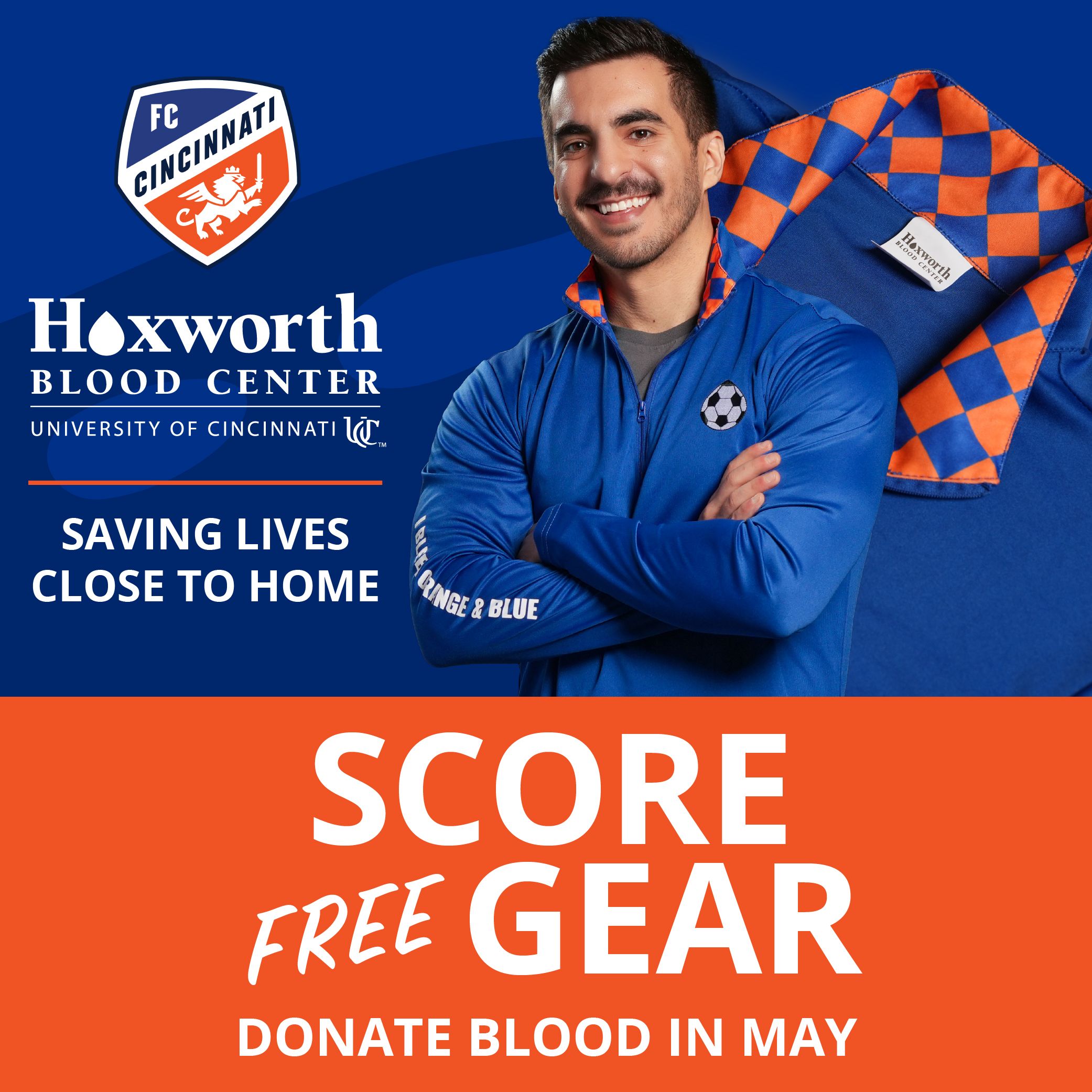 Donate at any Hoxworth blood centers 7 neighborhood donor centers May 1-31 and get a limited edition FC Cincinnati 1/4 zip shirt as a thank you gift, while supplies last