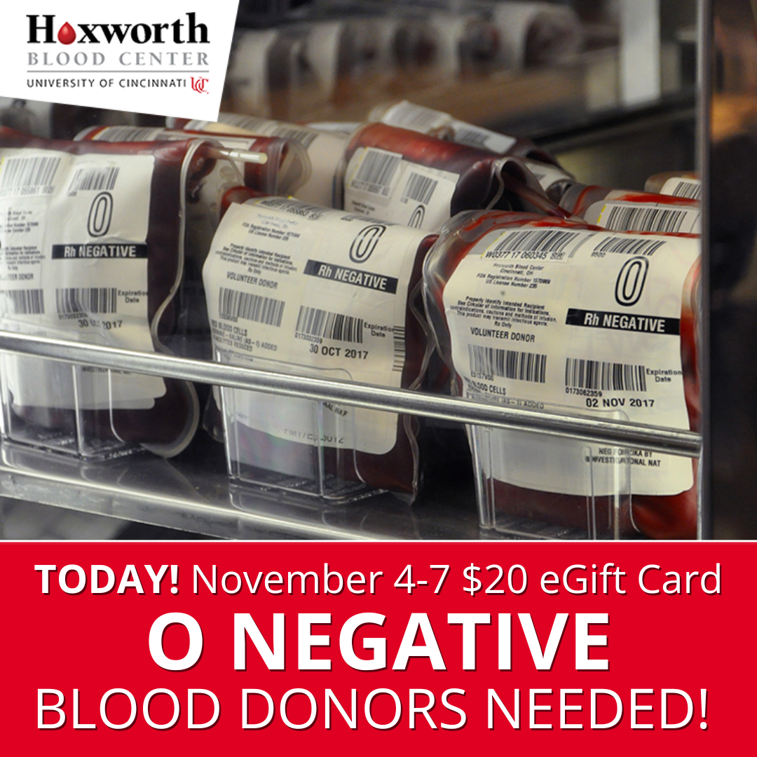 O- Blood Donors Needed! November 4-7 get a $20 eGift Card