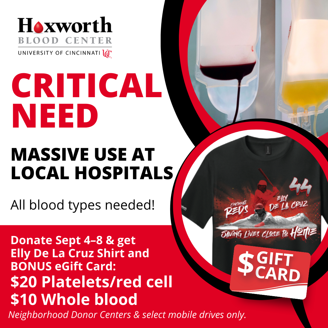 Donate blood or platelets in September and October with Hoxworth Blood Center and receive an Elly De La Cruz shirt while supplies last